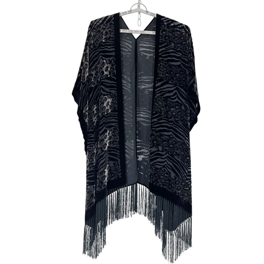 Velvet Burnout Kimono OSFM L/XL Long Duster Fringe Animal Print 100% Silk Base